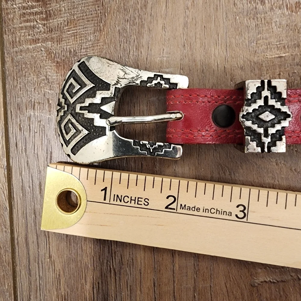 Nocona Red Leather Belt with Silver Aztec Southwestern Design Buckle size 26